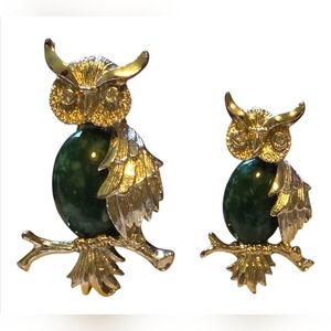 Vintage Gerry's Gold Green Owl Brooch Set